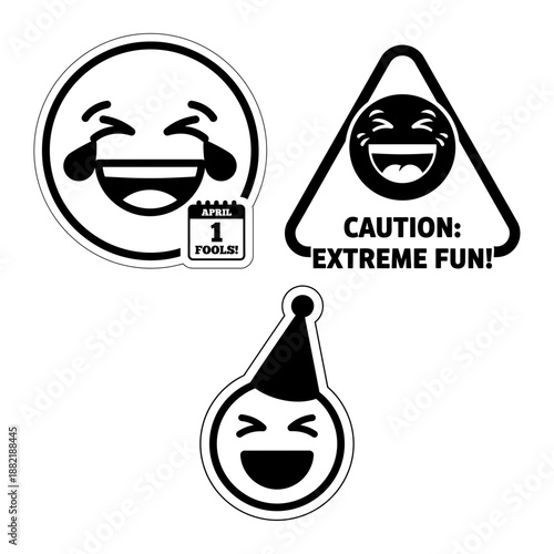 April Fools Extreme Fun Caution Sticker Pack With Jester and Laughing Emojis Black and White Vector