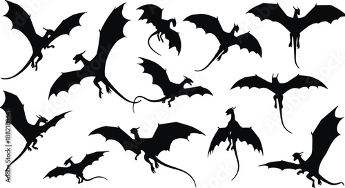 Black dragon silhouettes featuring mythical flying creatures with large wings and long tails for fantasy art and epic creature design