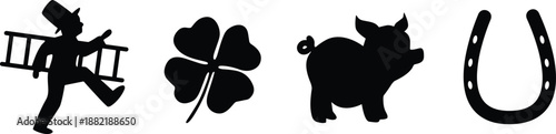 Lucky charm silhouette set featuring chimney sweep with ladder and four leaf clover plus pig and horseshoe for good luck