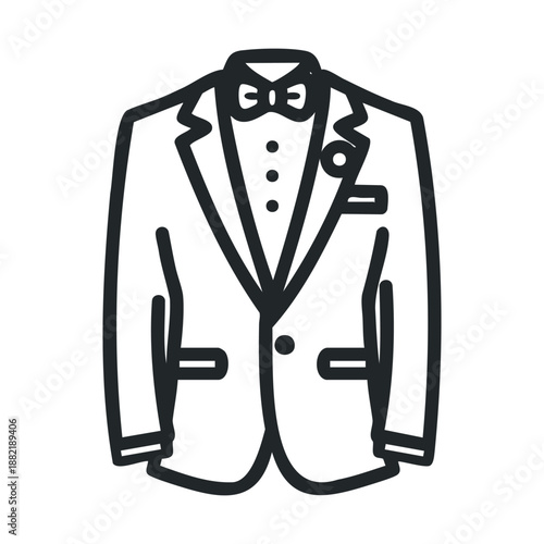 Classic tuxedo jacket with a bow tie and shirt, featuring a boutonniere, representing formal wear and elegant fashion for special occasions.