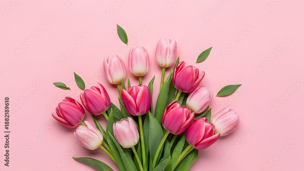 Fototapeta premium A bouquet of pink and white tulips on a pink background