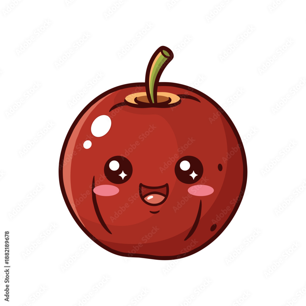 Obraz premium Cute cartoon red apple character with a smiling face, showcasing a joyful expression