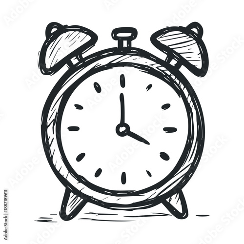 Hand drawn sketch style alarm clock illustration depicting time management, deadlines, and the concept of waking up early for important tasks.