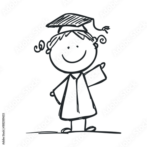 Stick figure child wearing graduation cap and gown smiles brightly, celebrating academic achievement and looking forward to a promising future.