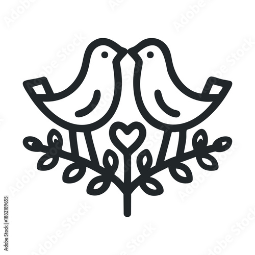 Two birds are affectionately perched on a branch with a heart, symbolizing love and companionship in a charming, minimalist illustration.