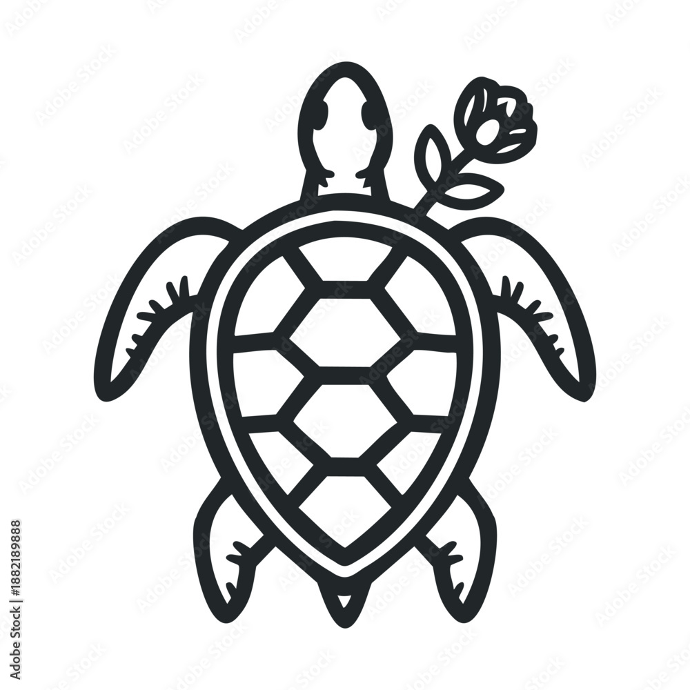 Obraz premium Sea turtle with a flower illustration, a simple black outline drawing representing marine life and nature's beauty in a minimalist style.