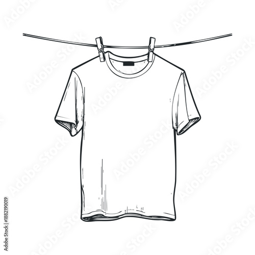 Plain white t-shirt hangs on a clothesline, secured by two wooden clothespins, rendered in a clean, hand-drawn sketch style illustration.