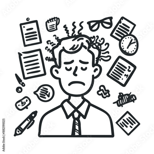 Stressed businessman feeling overwhelmed by many tasks and deadlines, depicted in a hand-drawn doodle style illustration conveying pressure and anxiety.