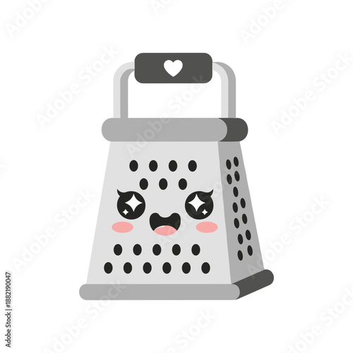 Cute cartoon-style cheese grater with a smiling face and heart-shaped handle, isolated
