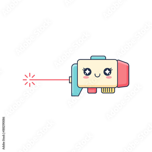 Cute cartoon-style ray gun with a smiling face and laser beam, set against a simple background