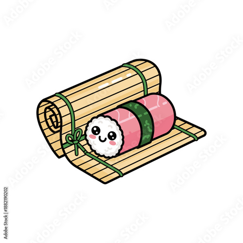 Cute sushi roll resting on a bamboo mat, showcasing vibrant colors and playful design