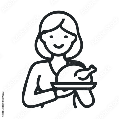 Smiling woman holds roasted turkey on platter, ready to serve a delicious meal for a festive holiday celebration or family dinner.