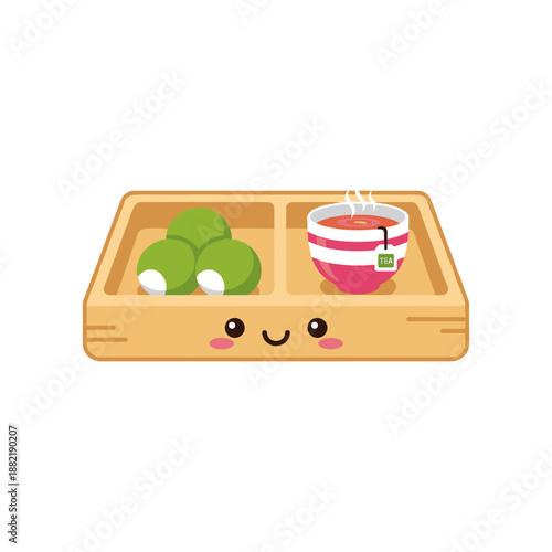 Cute wooden tray with green sweets and a steaming cup of tea, evoking a cozy tea time atmosphere