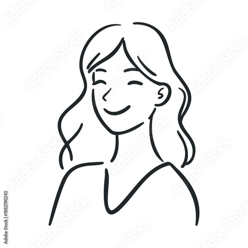 Smiling young woman with wavy hair drawn in a simple minimalist line art style, expressing joy and positive emotions with a gentle, contented expression.