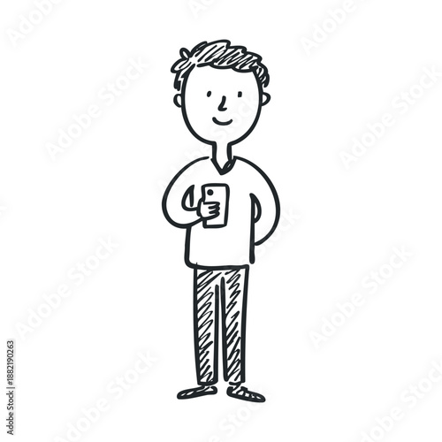 Young man holding a smartphone with a happy expression, standing casually while engaging with his mobile device in a hand-drawn doodle style.