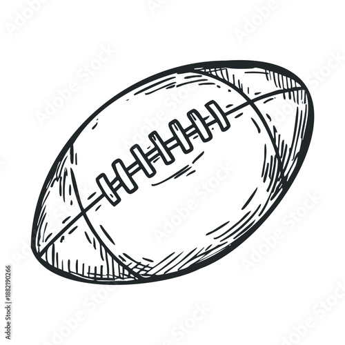 American football ball hand drawn sketch style illustration depicting the classic oval-shaped equipment used in popular gridiron sports and collegiate championships.