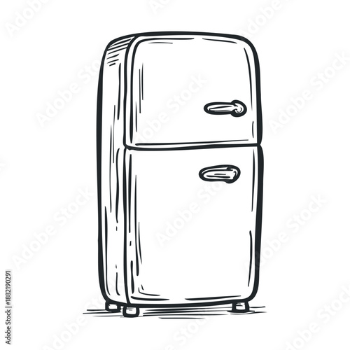 Retro refrigerator with two doors and rounded edges, depicted in a classic hand-drawn sketch style, evoking a sense of vintage charm and kitchen appliance nostalgia.