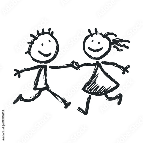 Two happy stick figures, a boy and a girl, are joyfully holding hands and running together, symbolizing friendship and childhood fun.