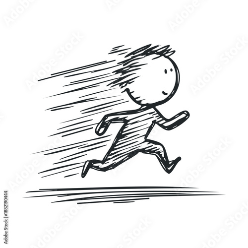 Happy stick figure person running quickly with speed lines, illustrating concepts of urgency, progress, and dynamic movement in a simple doodle style.