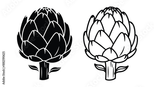 Two artichoke illustrations in contrasting styles a detailed silhouette