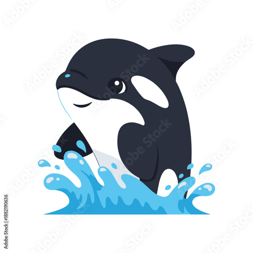 Playful orca whale breaching the ocean surface, splashing water in a vibrant marine scene