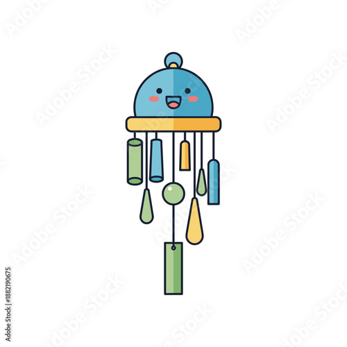 Playful wind chime with a smiling face, hanging in a bright, cheerful environment