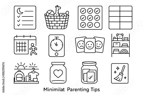 Minimalist mindful prep icons daily parenting vector icon morning play chore station