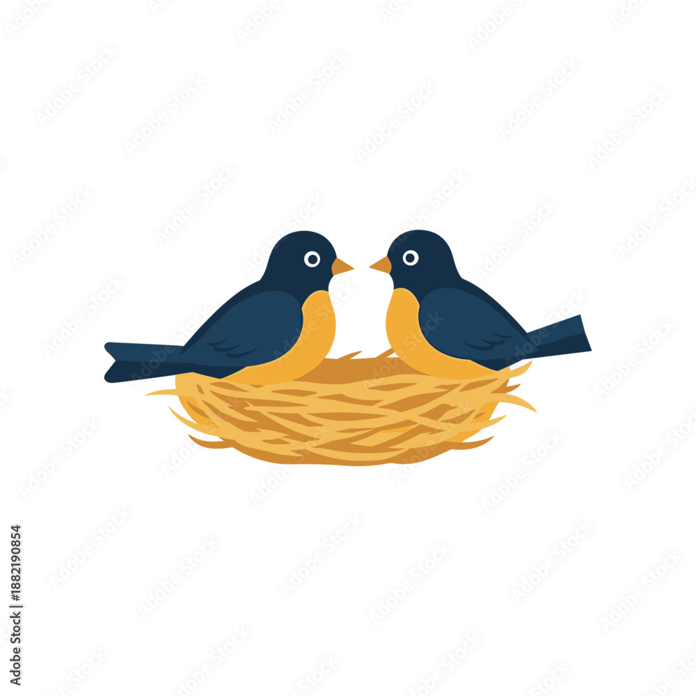 Obraz premium Two colorful birds sitting together in a cozy nest, surrounded by a minimalistic background