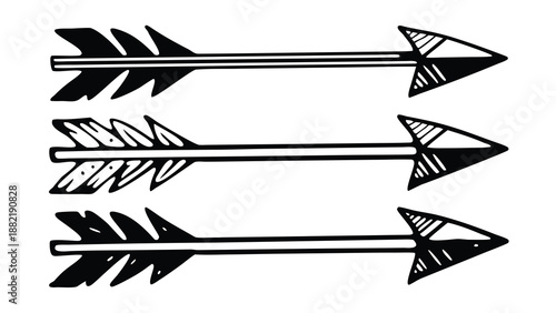 Three hand drawn tribal style arrows pointing right with distinct feather designs on transparent background