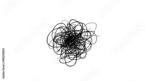 A minimalist abstract line drawing features chaotic, tangled scribbles in black ink on a pure white background. The continuous lines form a dense knot at the center with loose strands extending outwar
