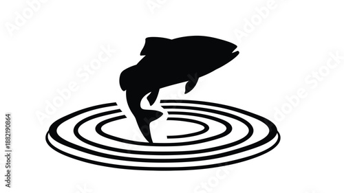 A striking fish jumping from water rings a black silhouette