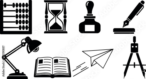 Black silhouette vector icons set showing abacus hourglass stamp pen desk lamp open book paper airplane compass