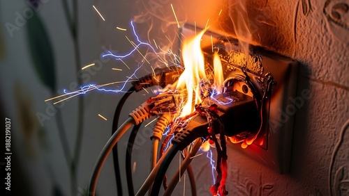 Close-up of electrical outlet on fire with sparks and melted cords, depicting a dangerous situation
