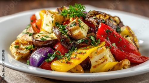 Colorful grilled vegetable medley with herbs on a white plate.