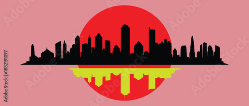 Silhouetted cityscape with sunrise