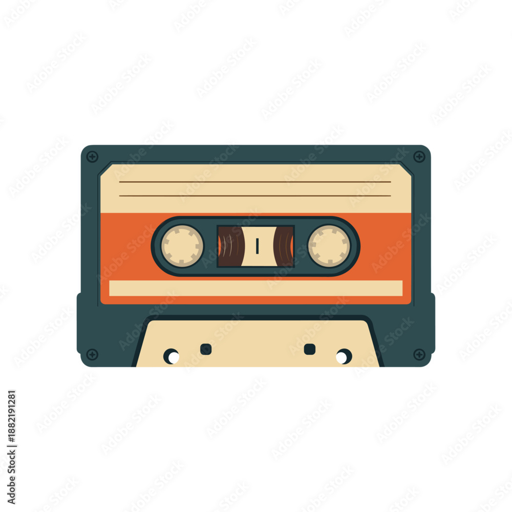Fototapeta premium Vintage audio cassette tape with orange and teal design, isolated on white background