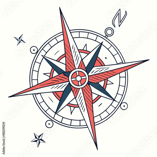 Detailed nautical compass rose illustration featuring a striking red and navy star design on transparent background
