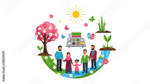Family standing on earth with plants tree and eco friendly shopping cart