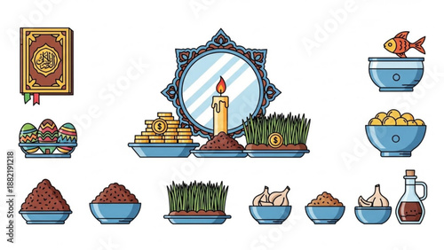 Nowruz celebration elements with traditional persian symbols and dishes in vibrant colors and decorative bowls