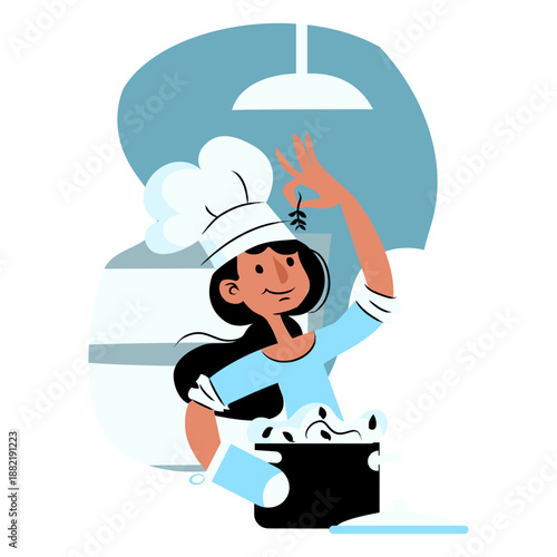 Lady cooking with herbs blue