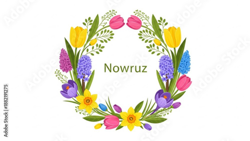 Colorful floral wreath with nowruz text for spring and persian new year celebrations
