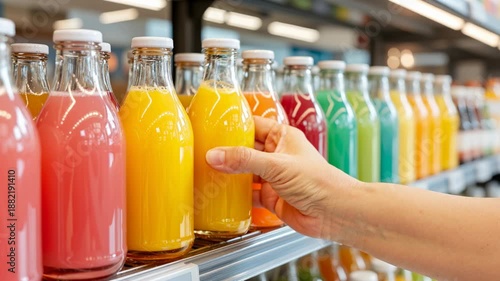close up of a hand selecting a bottled fruit juice from a refrigerated supermarket shelf, illustrating consumer choice, fresh beverages, and retail shopping