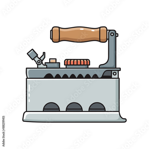 Vintage steam iron with wooden handle, showcasing intricate design and functionality