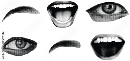 Halftone face elements set eye and mouth illustrations with dot texture for graphic design and modern retro pop art feel vector