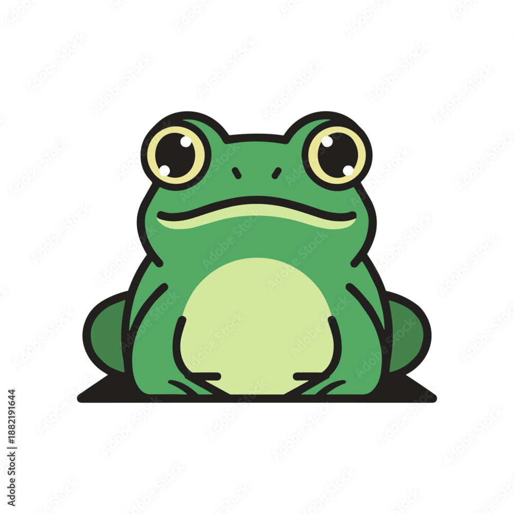 Fototapeta premium A cartoon-style green frog sitting on a flat surface with a simple background