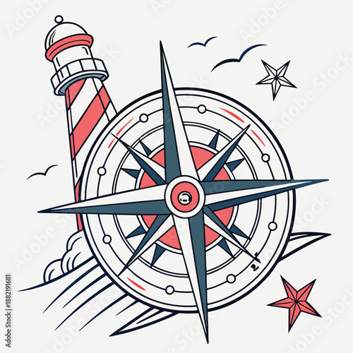 Nautical compass rose illustration displayed with a stylized lighthouse and sea birds on transparent background