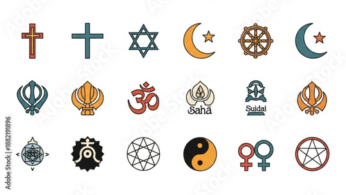Collection of various religious and spiritual symbols from different faiths and cultures including christianity