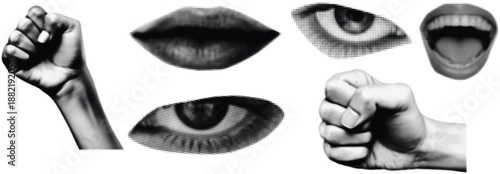 Halftone Face Parts Set Vector Illustration Hand Eye Mouth Lips Pop Art Style Dot Texture Design Elements for Posters and Graphics