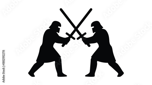 medieval warriors with swords in a duel silhouette