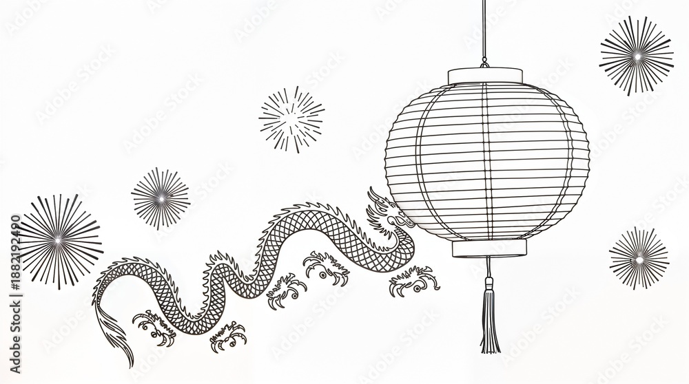 Obraz premium Chinese dragon and lantern with flowers, adult coloring page, festive mood, Lunar New Year